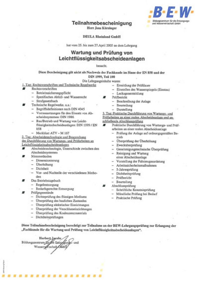 Zertifikat Rohrreinigungen, Kanalreinigungen & Absaugarbeiten